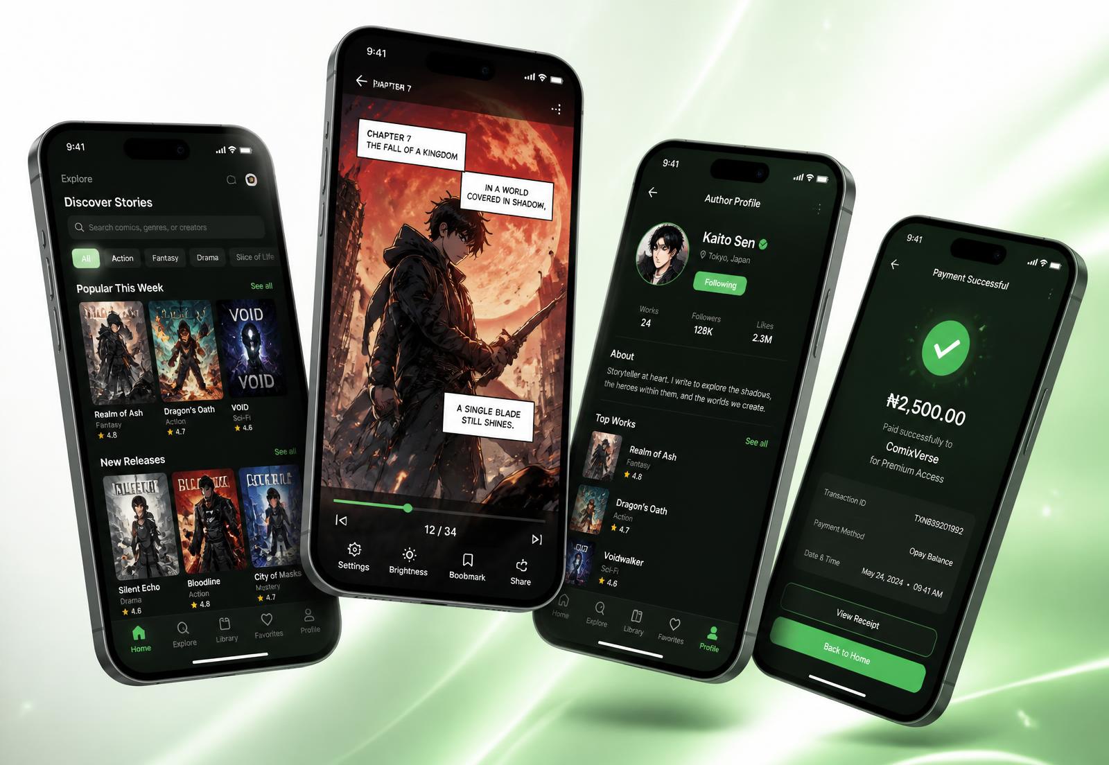 Écrans de l'application Katuni : catalogue, lecteur immersif, profil auteur et paiement